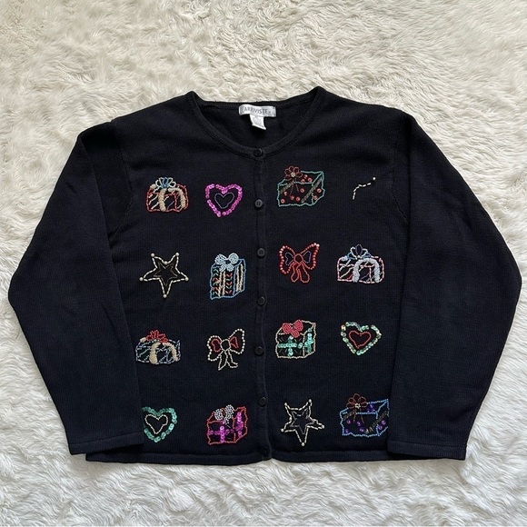 Vintage Sweaters - Vintage Arriviste Cardigan Holiday Ugly Christmas Sweater Beaded Black XL